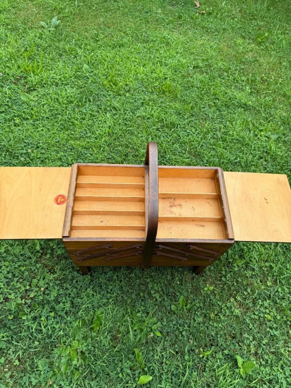 Vintage Stommen Bruk Hamar Norway Wooden Accordion Sewing Box MCM